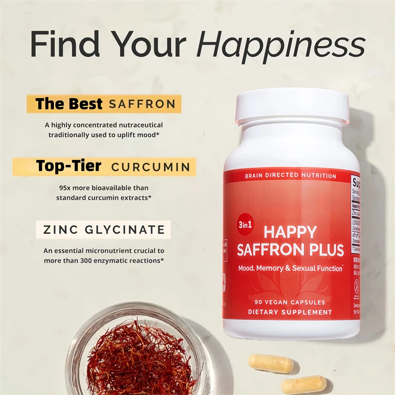 แฮปปี้ แซฟฟรอน พลัส -สารสกัดจากดอกหญ้าฝรั่น, คัลคูมิน, ซิงค์ ช่วยเสริมสร้างอารมณ์บวก เพิ่มความจำ สมาธิ และทำความสะอาดหลอดเลือด