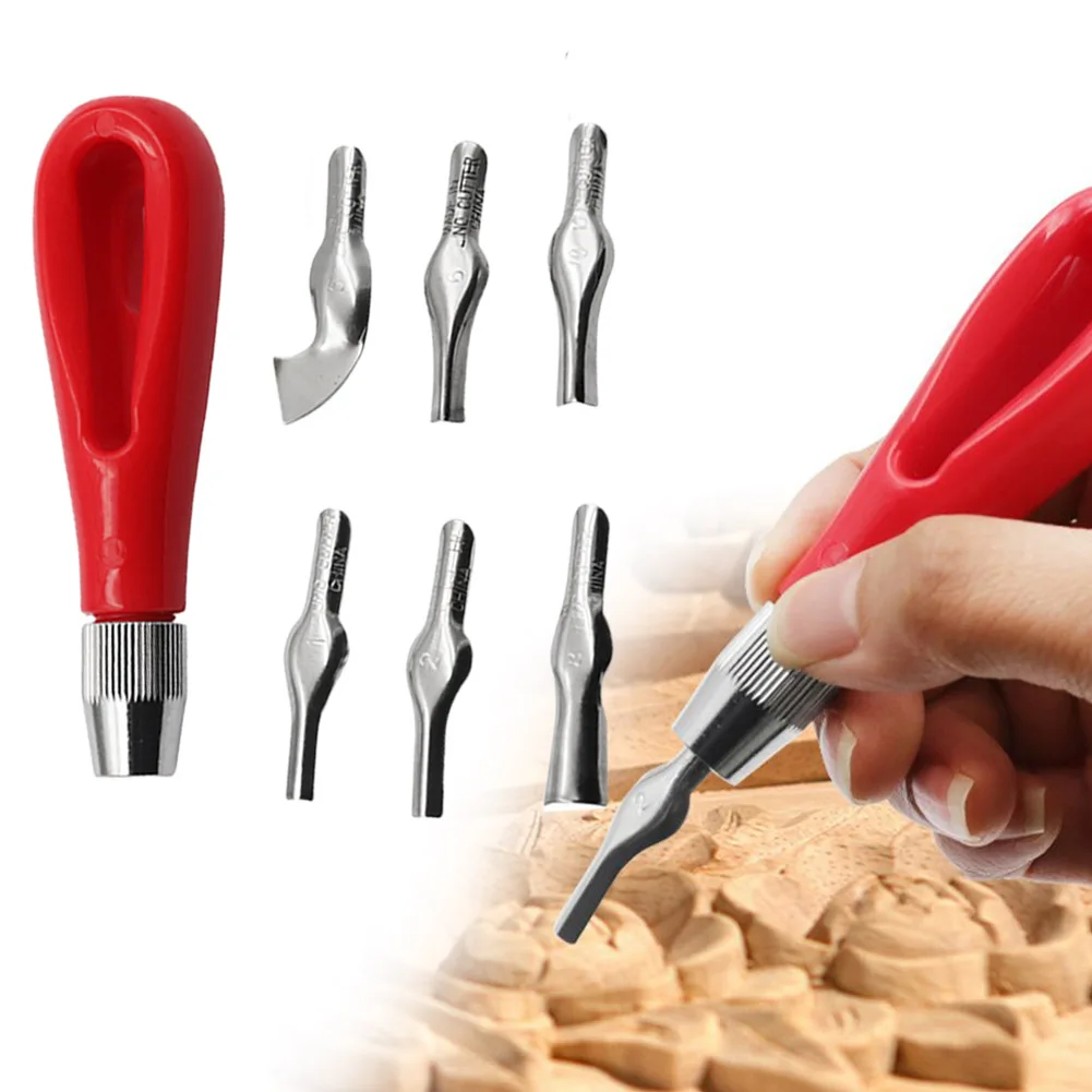 7Pcs Deep Round Carving Chisel Set 45 Steel Engraving Tool With Red Plastic Handle For Woodworking Shaping And Timber Craft