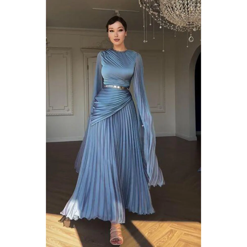 

Blue Evening Dresses O Neck Long Sleeves A Line Banquet Celebtity High Quality Floor Length Sweep Train Female Gowns Classic