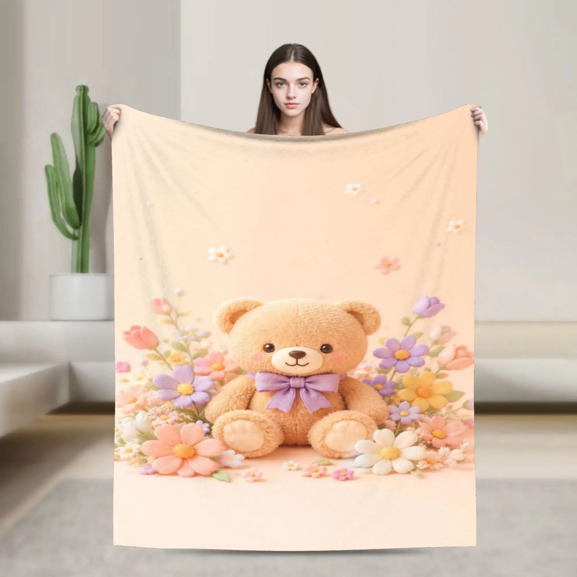 Colorful Teddy Bear Floral Blanket  Warm Soft Funny Plush Throw Blanket For Boy Girl Outdoor Flannel Bedspread Bed Cover