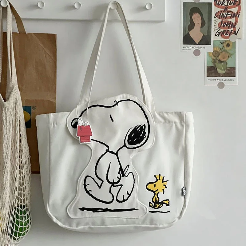 Animazione Snoopy borsa Tote in tela a spalla singola bianca di grande capacità borsa per mamma all\'aperto borsa per libri per IPad zaino per ragazze