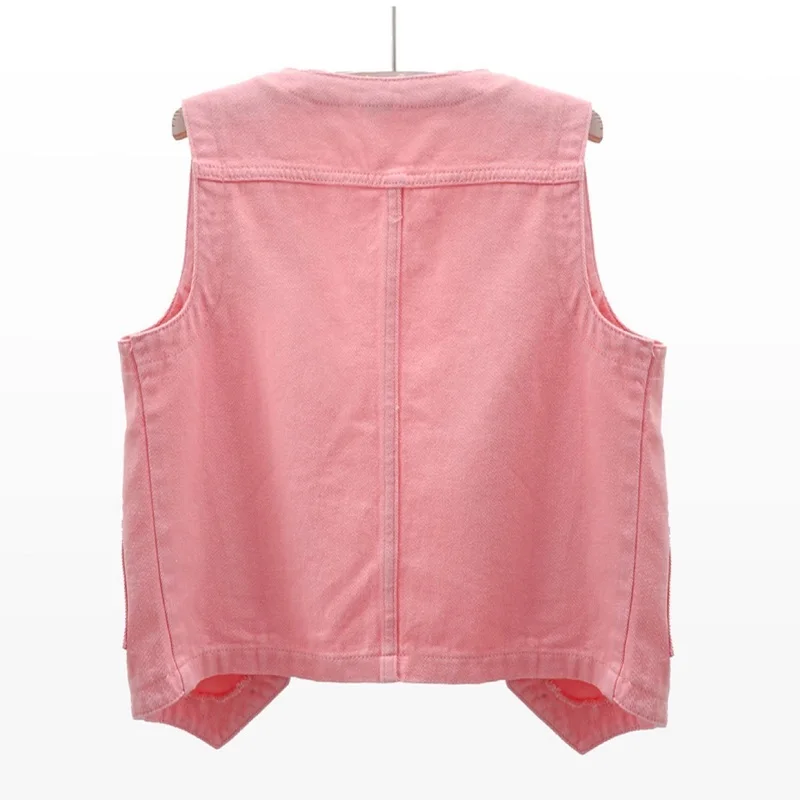 Chalecos de mezclilla rosa para mujer, ropa de abrigo informal corta, delgada, cuello en V coreano, chaleco vaquero con Bolsillo grande, moda de primavera y verano