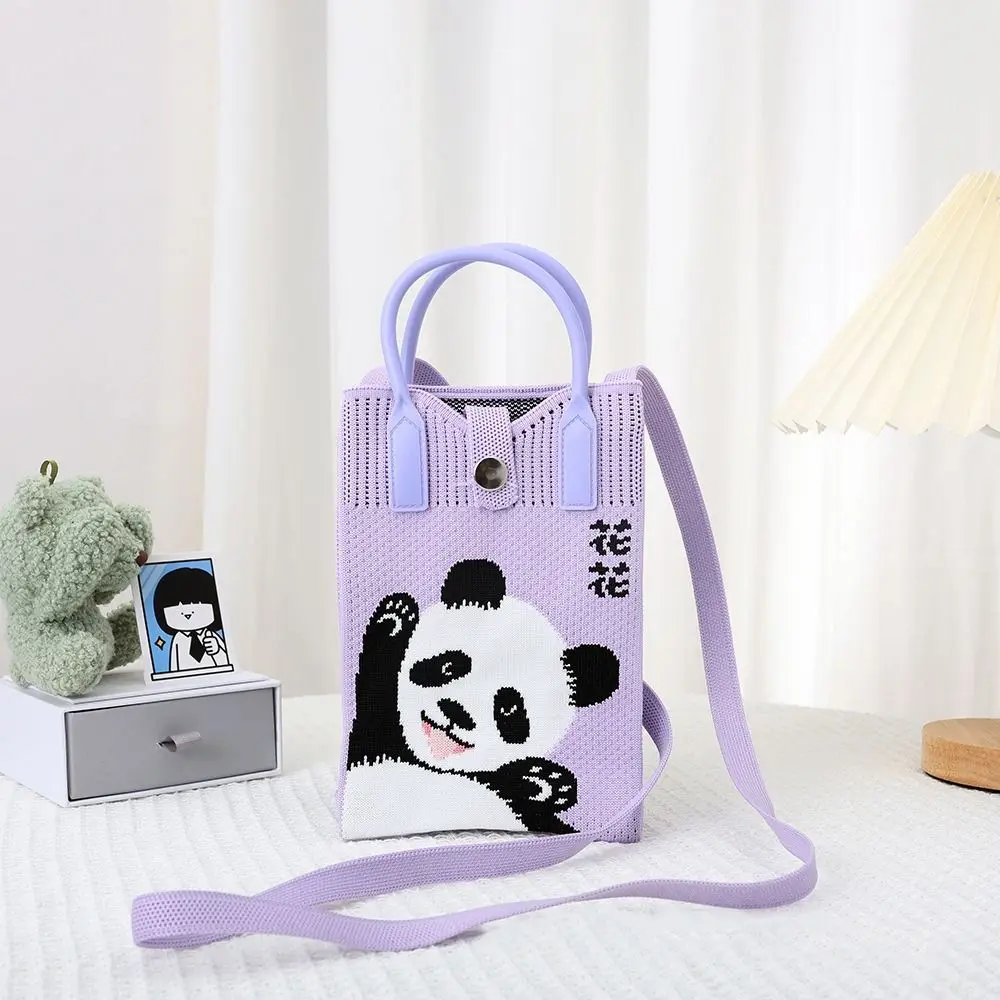 Mini bolso de mano de punto creativo para mujer, bolso de muñeca con nudo bonito de Panda de dibujos animados, bolso de teléfono plegable de gran capacidad, fácil de llevar