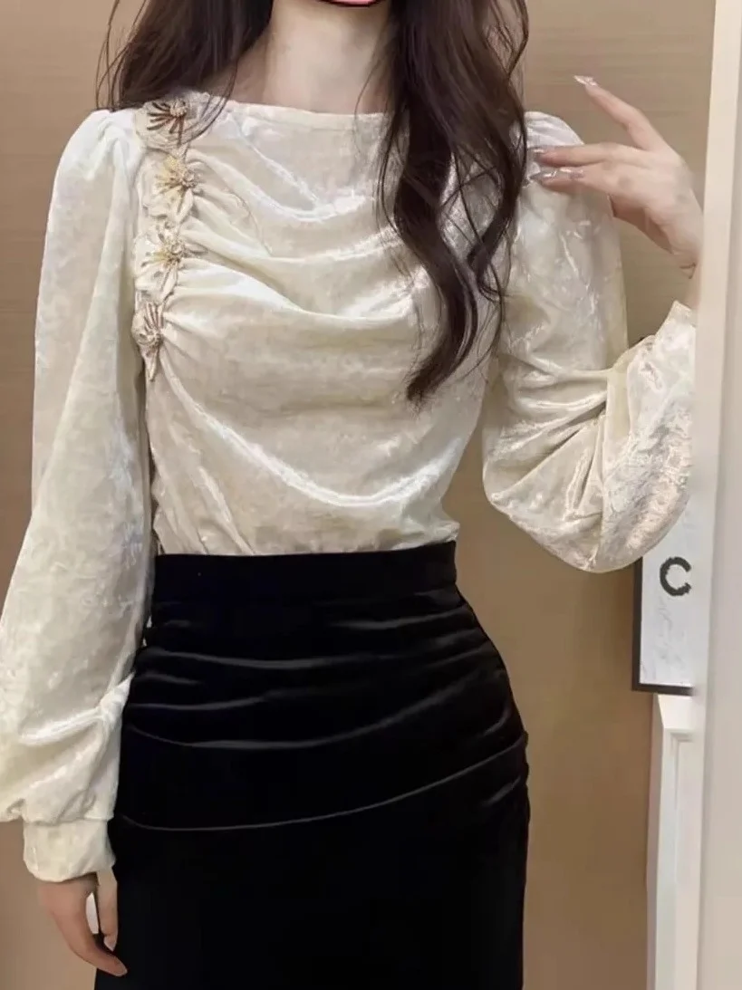 

Ele Velvet Embroidered irt Women's Faionable Base Layer Top French Sle round Ne Long Sve Polyester Blend