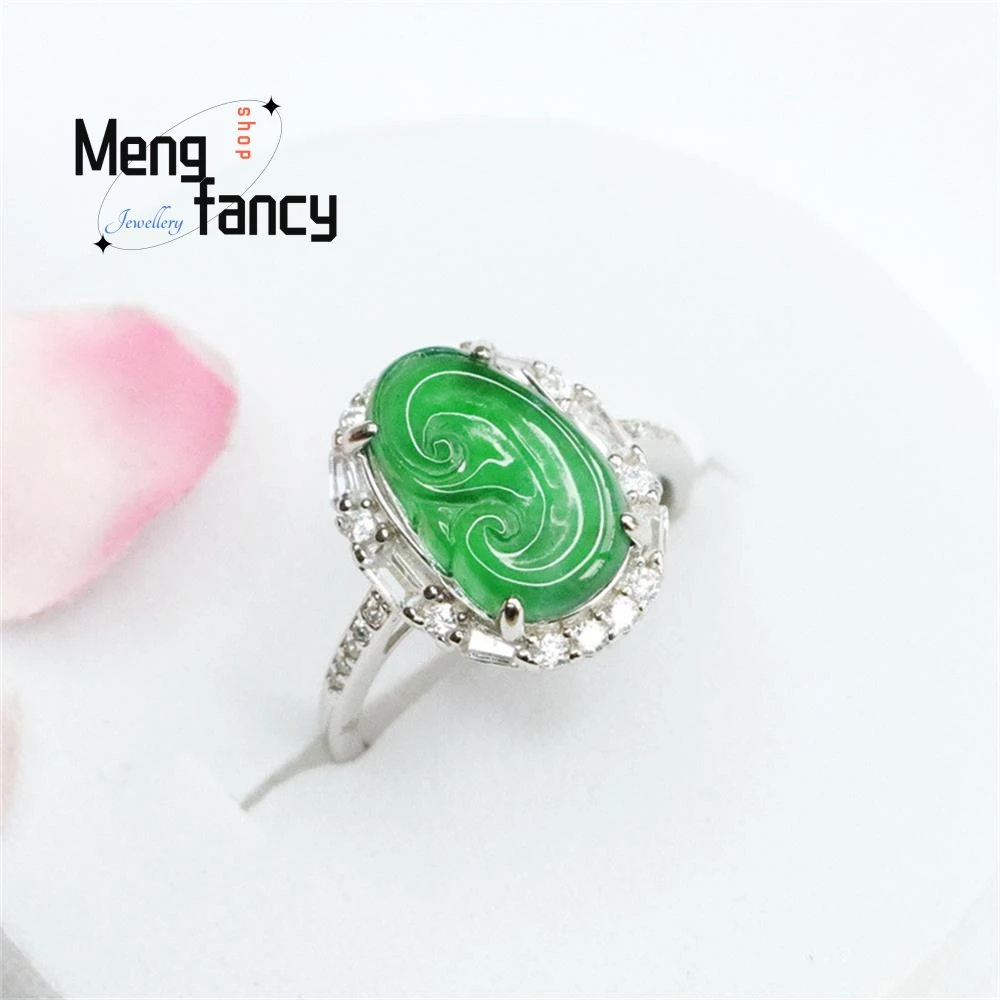 S925 Silver Lnlaid Natural Jadeite Ice Green Ruyi Ring Exquisite Charm High-grade Sexy Young Girls Couple Luxury Quality Jewelry