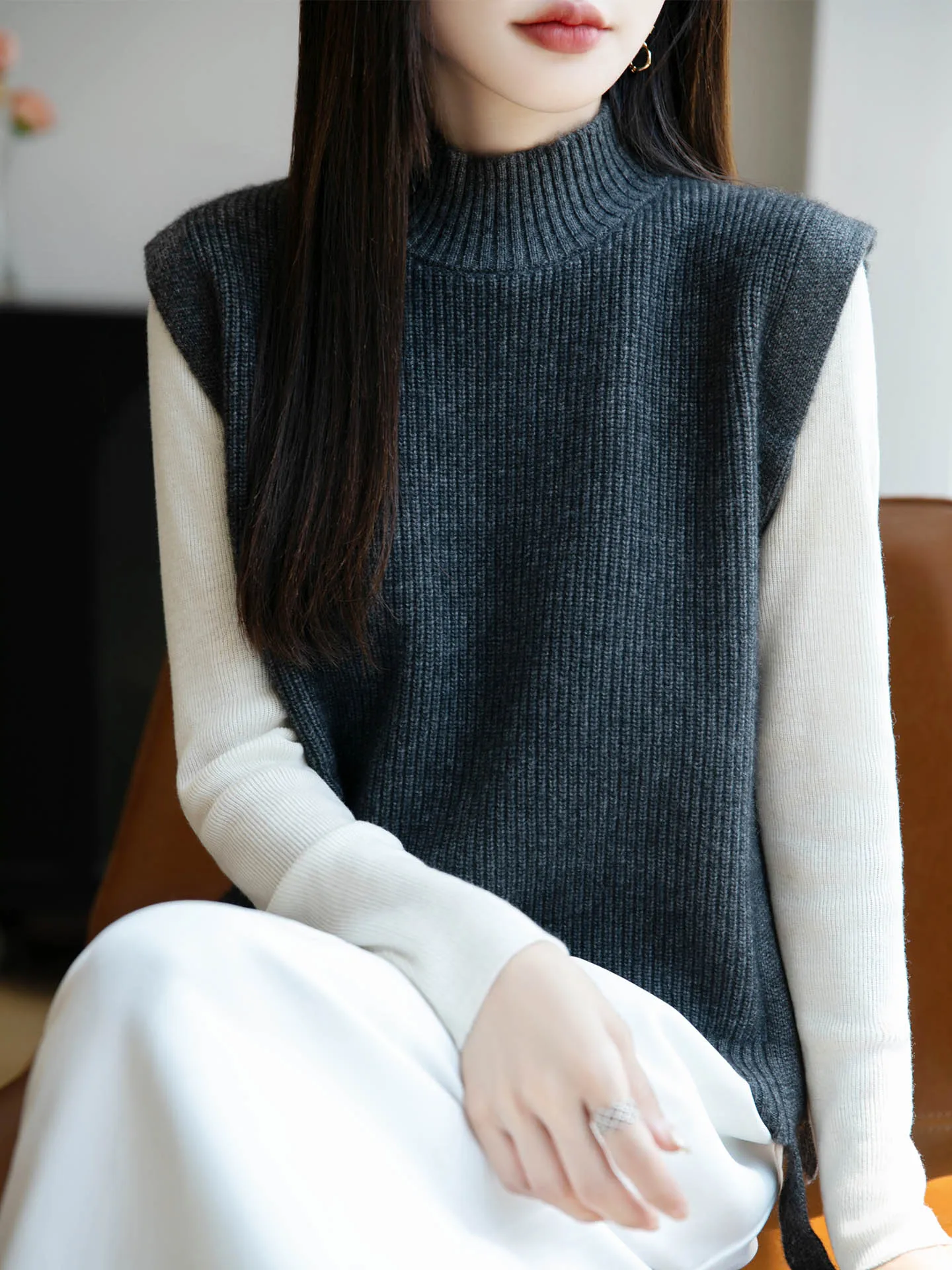 السيدات 100% ميرينو الصوف سترة دون أكمام شبه الياقة المدورة البلوز الخريف الشتاء متماسكة سترة الكشمير قاعدة بلون علوي