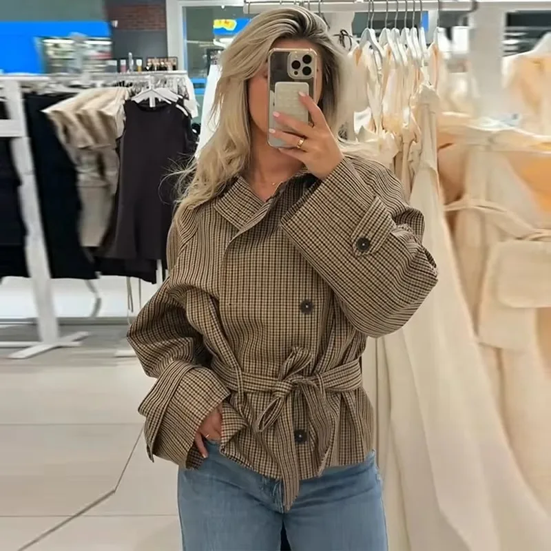 Damen Herbst Winter Trendige Karo-Kurzjacke mit Doppelreiher, Gürtel und Taschen, Jacken-Outfits, Streetwear, Trenchcoat für Frauen – Detail 6