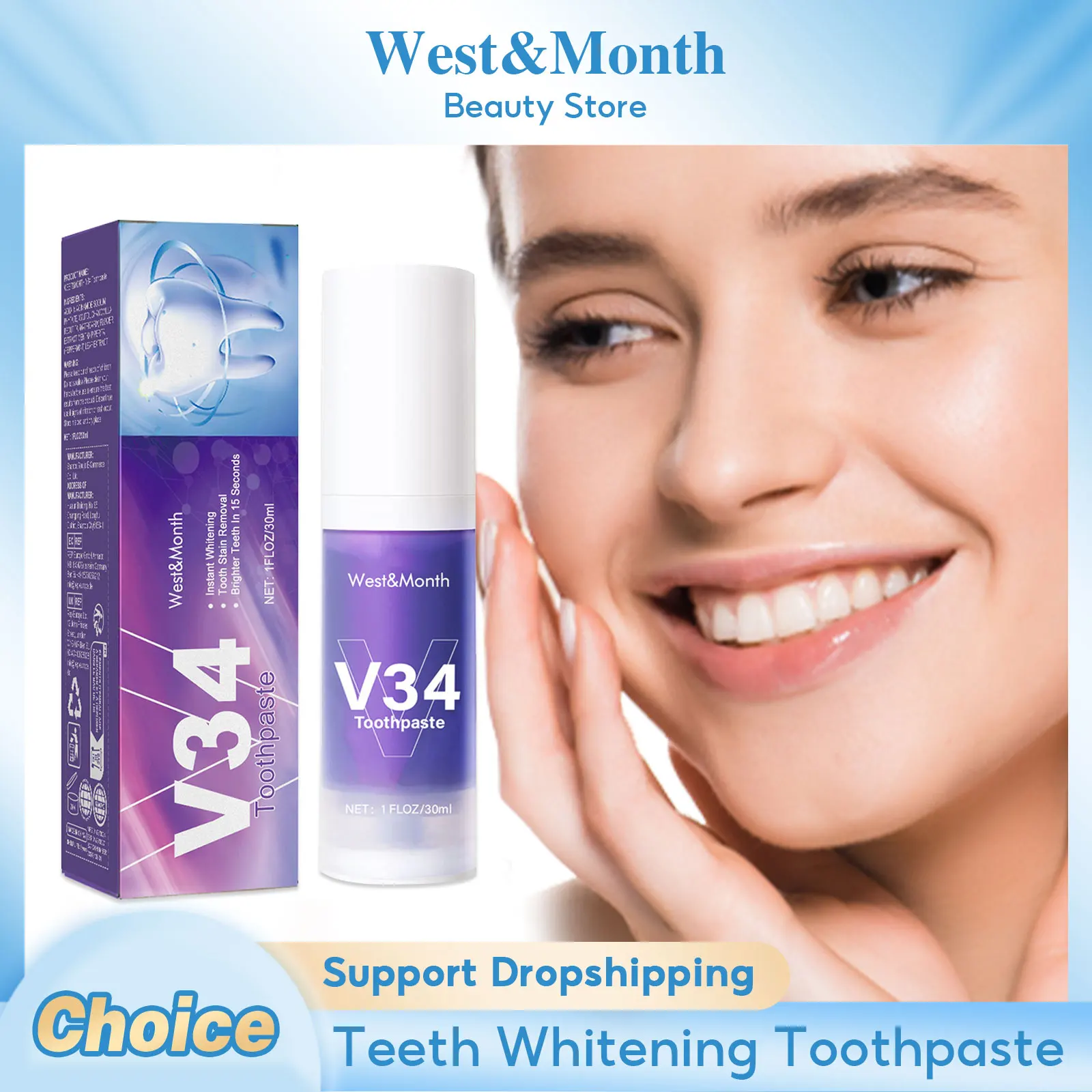 

V34 Pro Whitening Toothpaste Reduce Yellowing Plaque Stain Removal Purple Corrector Oral Cleaning Fresh Breath Teeth Enamel Care