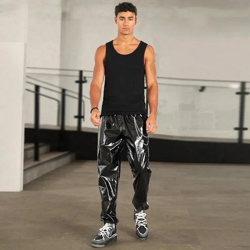 Shiny Patent Leather Lantern Pants Men Casual Loose Elastic Band Knickerbockers with Chain Hip Hop Moto Trousers Pocket Clubwear