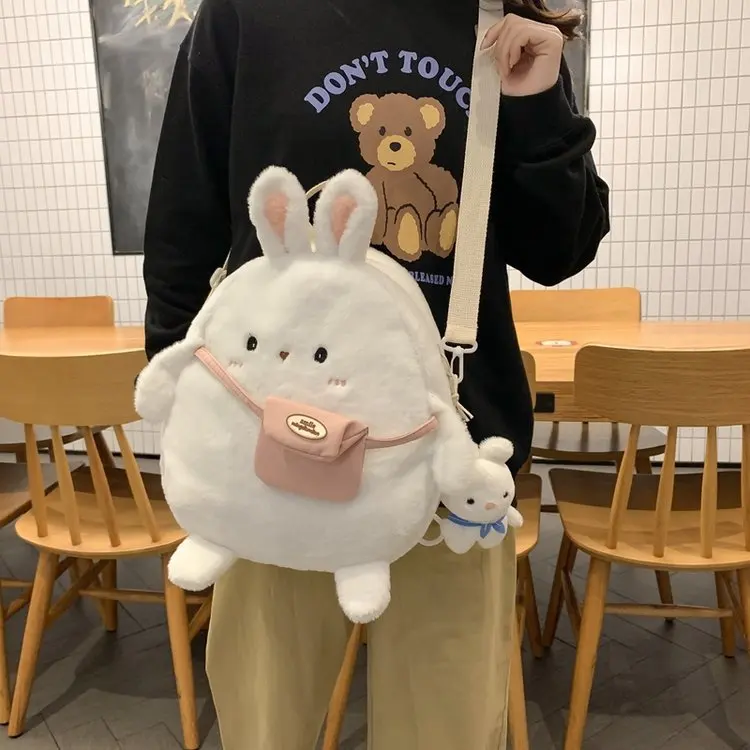 2024 New Cartoon Plush Rabbit Backpack Girl Cute Large Capacity Soft Bag Leisure Plush Book Bag Korean Solid Color Crossbody Bag