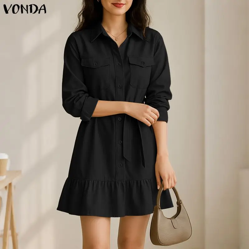 VONDA женские элегантные мини-платья осенние пояса и пуговицы с рюшами вечерние платья 2025 модный однотонный повседневный сарафан с длинными рукавами