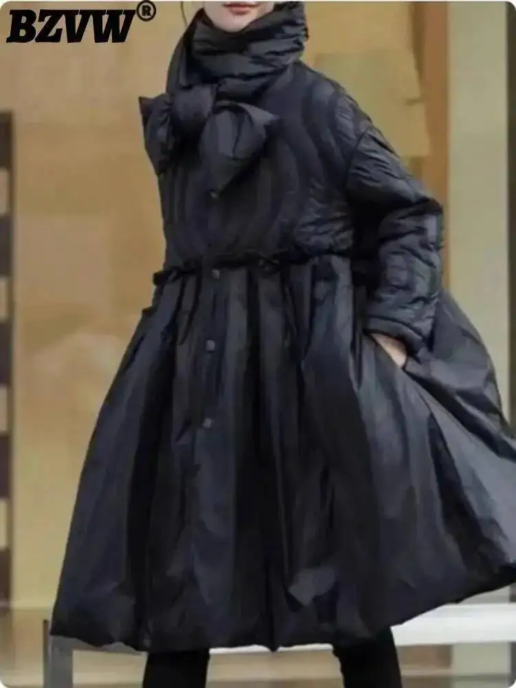 BZVW-abrigo acolchado de algodón empalmado para mujer, chaqueta de longitud media con cuello redondo y cintura fruncida, de gama alta, a la moda