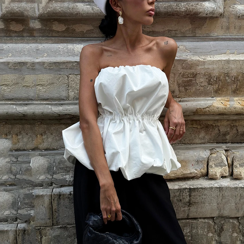 Elegant White Pleated Off The Shoulder Tank Top Street Chic Backless Vest Female Spring Casual Sleeveless Tops Lady 2026
