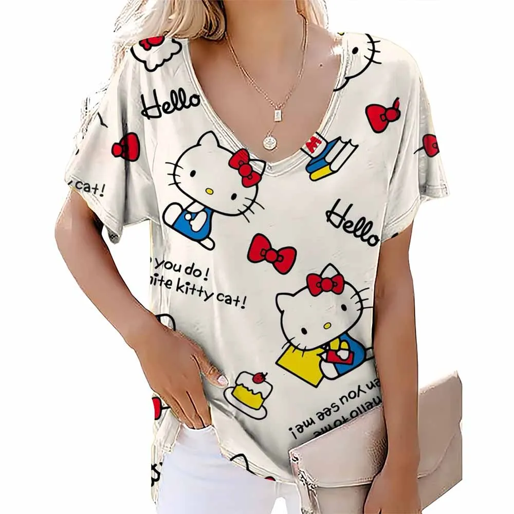 Hello Kitty Women's T-shirt Leopard print V-neck top Summer Vintage Harajuku Women's T-shirt Fashion Loose Women's Clothing