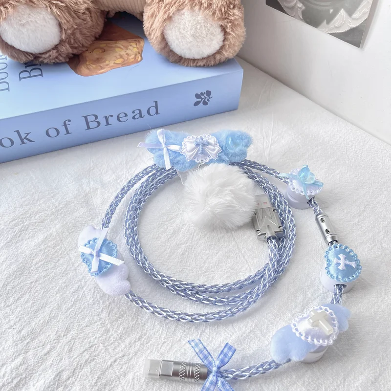 Blue Kawaii Heart Decor 8k Rgb Aviator Cable Luminous Handmade Type-c Cable Custom Mechanical Keyboard Cable Desk Setup Gift