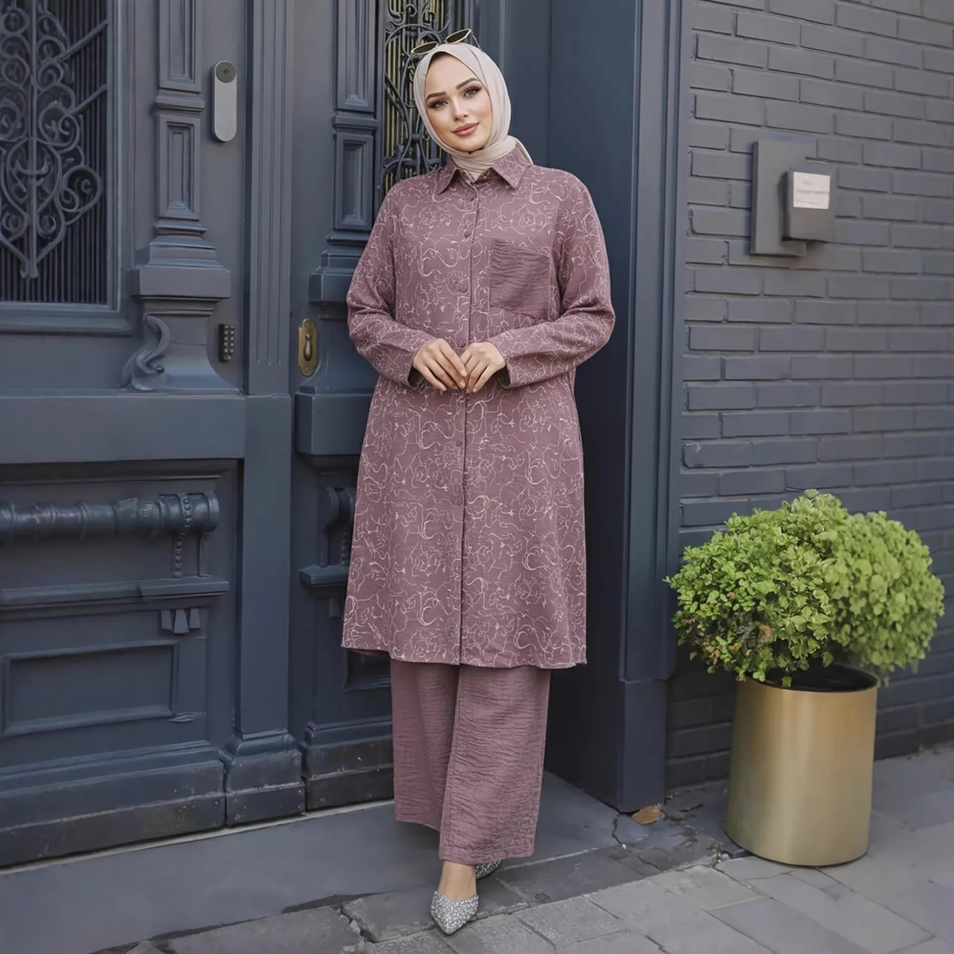 

New Muslim Women Printed Matching Sets Long Sleeve Solid Color Tops And Loose Pant Suits Elegant Fashion Casual Tracksuit Kaftan