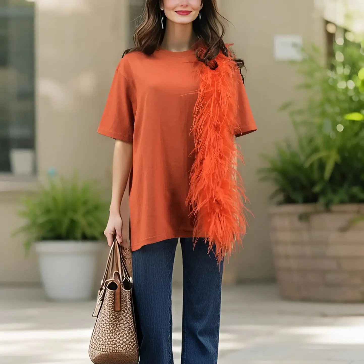 Women's Short Sleeve T-Shirt with Real Ostrich Feather Baggy Top Crew Neck Summer Y2K Orange top plus size clothing Punk style