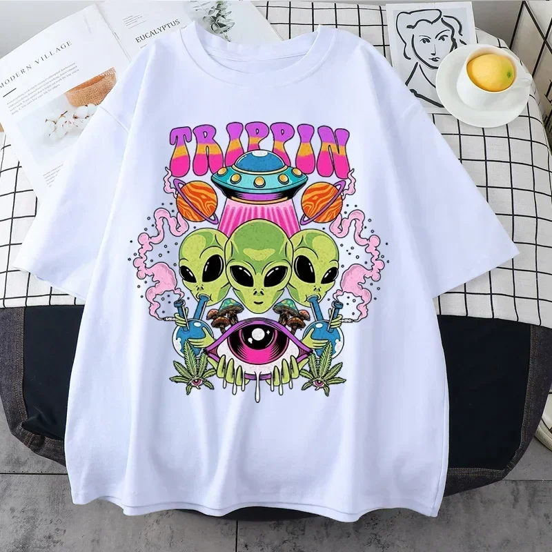 Funny Cartoon Alien Graphic T Shirts Women Men Summer Fashion Casual T ShirtNovelty Trend Casual Loose Commuter Clothes Tops Tee