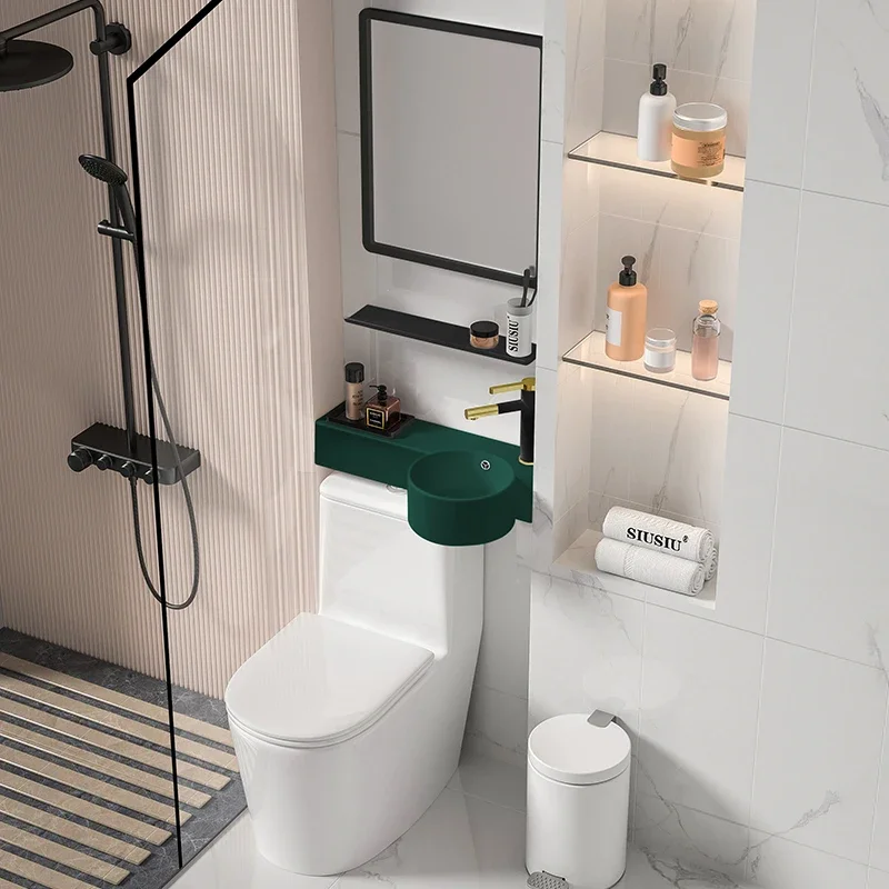 Dark green integrated wall-hung basin with countertop Narrow long toilet washbasin corner ceramic washbasin