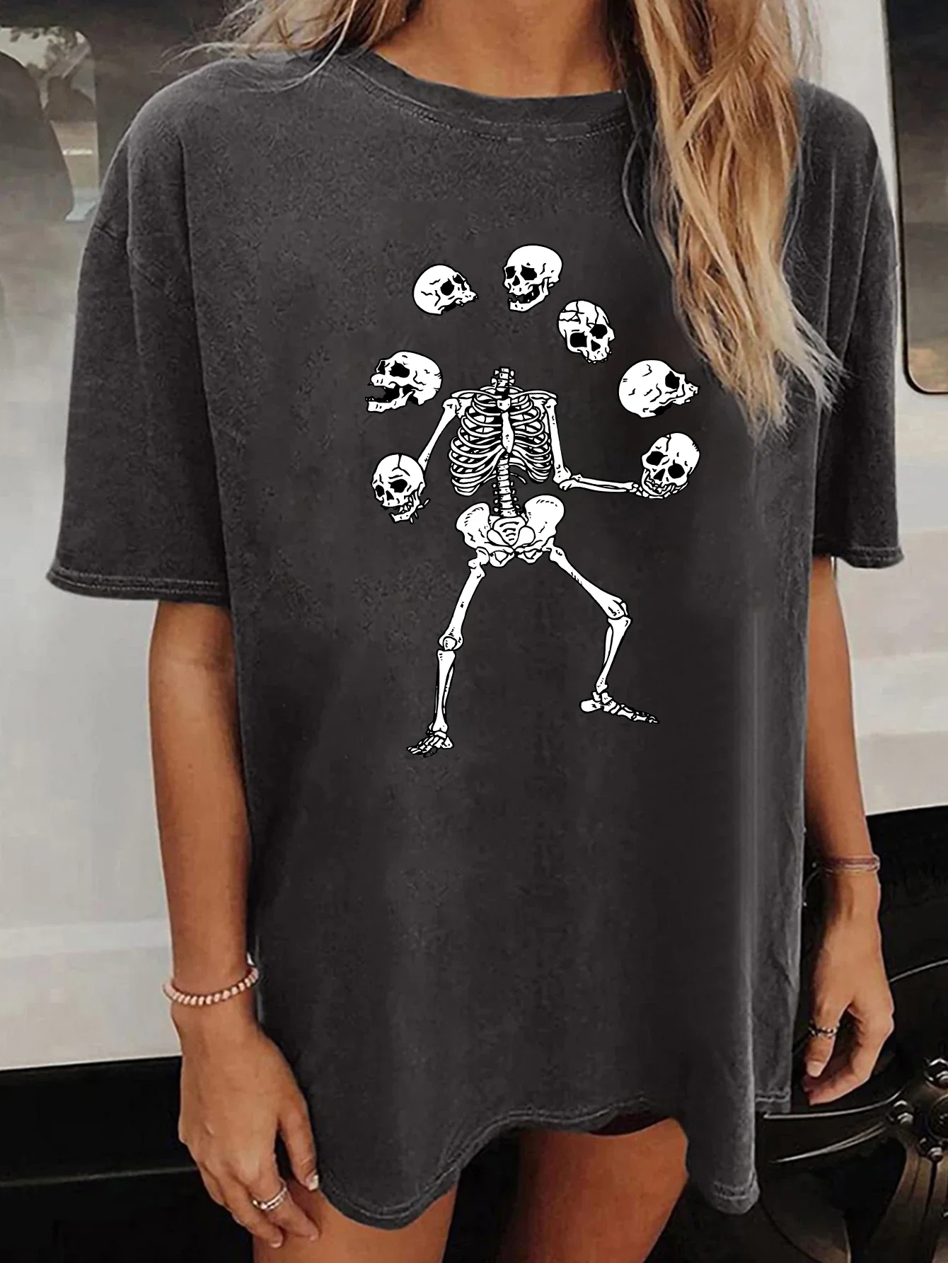 NEVER BETTER Funny Halloween Skeletons Graphic Print Women T Shirt Short Sleeve Drop Shoulder Casual Tops for Women Clothes