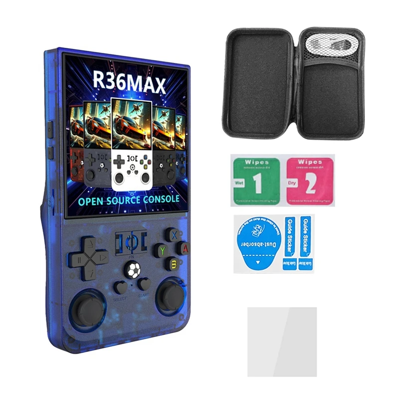R36MAX ريترو وحدة تحكم بجهاز لعب محمول 64 جيجابايت 4.0 بوصة IPS شاشة محمولة جيب مشغل فيديو يدعم أكثر من 30 محاكيات