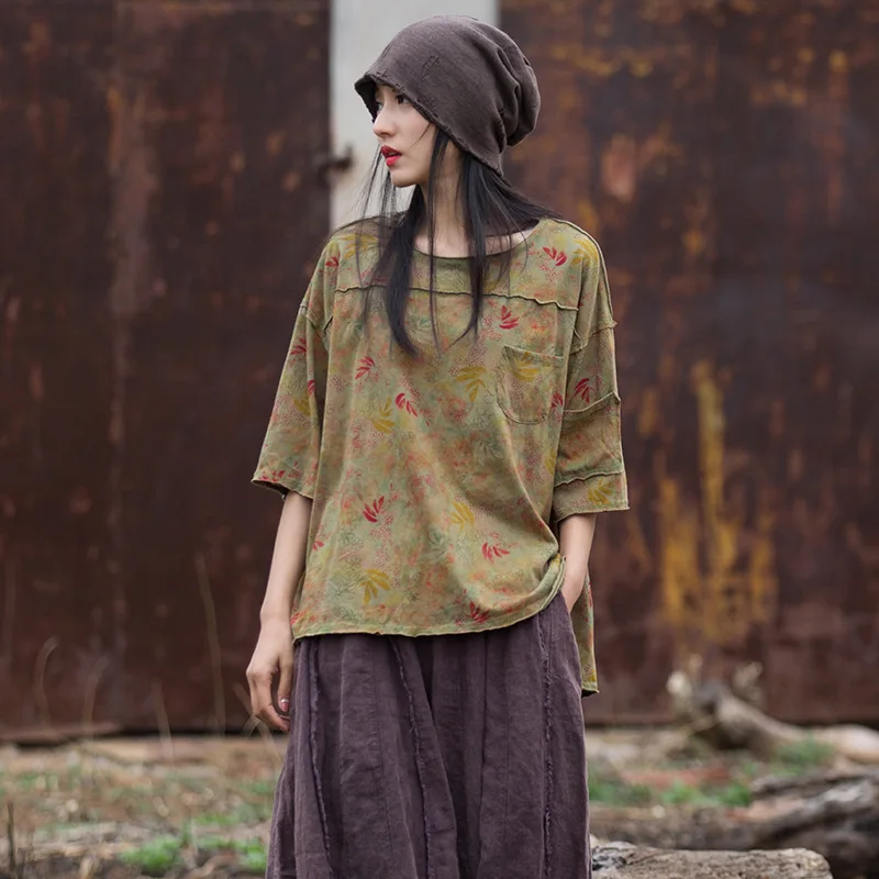 

Digital Printing Stone Washed Distressed Cotton and Linen Women's New Counter Quality Short-Sleeved T-shirt Artistic Retro Top