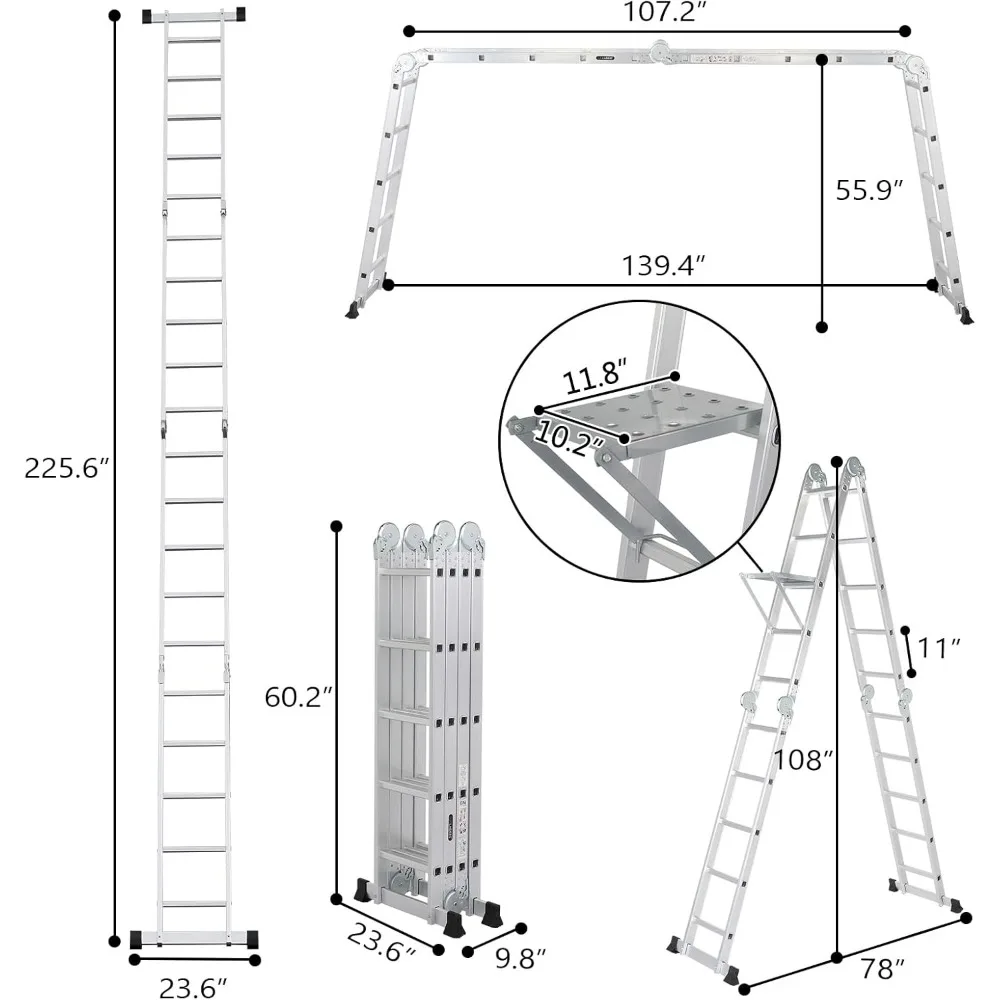 18.5피트 다목적 알루미늄 접이식 사다리 - 7-in-1 스텝, 헤비 듀티, EN 131 인증