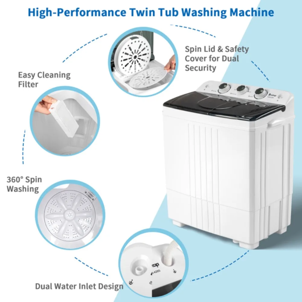 Twin Tub com bomba de drenagem embutida, tubo duplo semi-automático para apartamento, dormitórios, máquinas de lavar roupa, 20Lbs