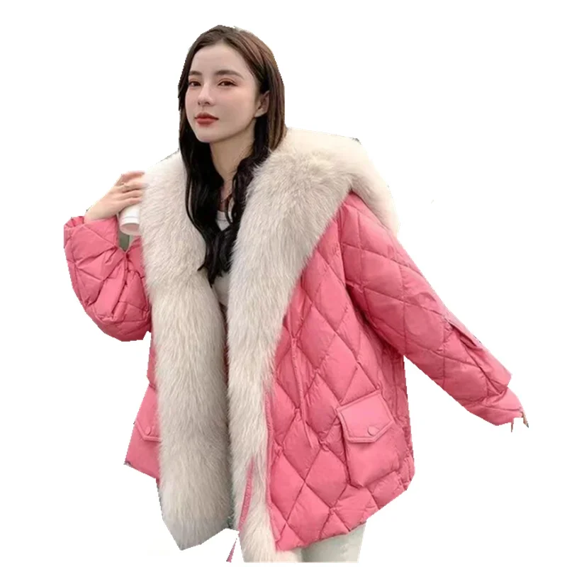 2025 inverno macio quente solto jaqueta puffer parka feminino à prova de vento neve outwear casacos de luxo gola de pele de raposa casacos longos