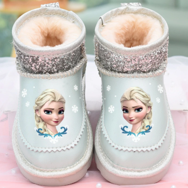 Disney Princess Girls Frozen Winter Snow Boots Water Shoes Non-slip Purple Rose Red Warm Shoes Size 26-37