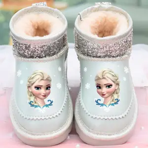 Disney Children s Snow Boots Winter Ankle Boots Genuine Leather Non Slip Warm Frozen Elsa Princess Cotton Pink Fur Boots Size 24 AliExpress