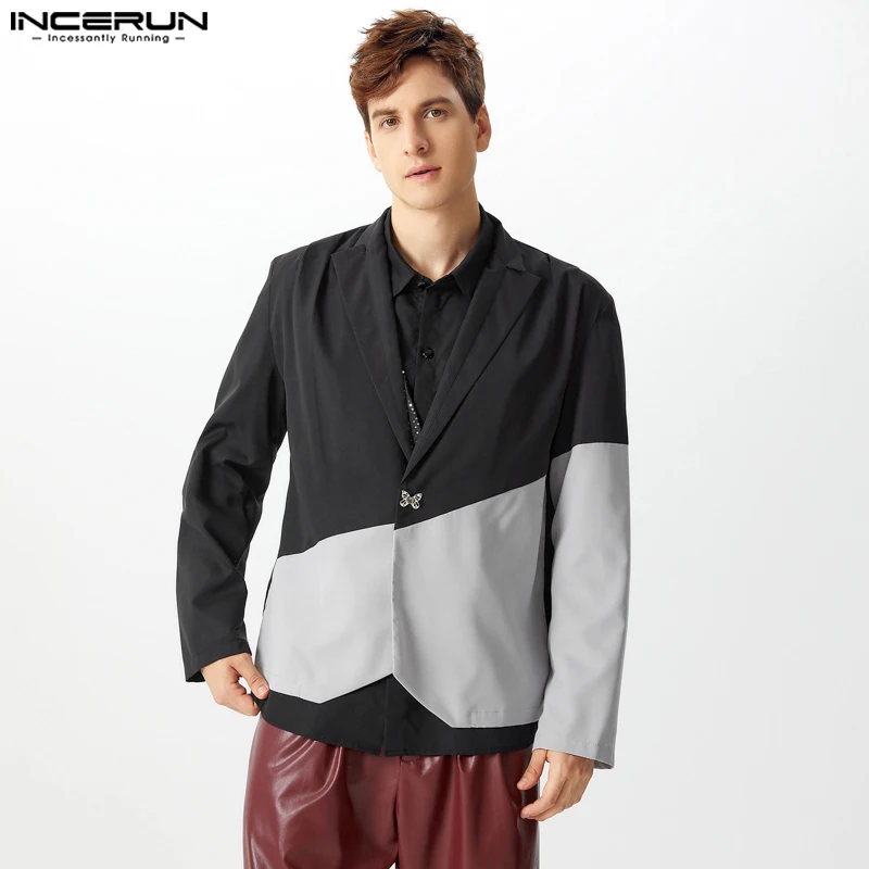 INCERUN Men Long Sleeved Simple Blazer 2024 Casual Colorblock Elegant Lapel Collar Coats Handsome Fashion Loose Commute Jackets