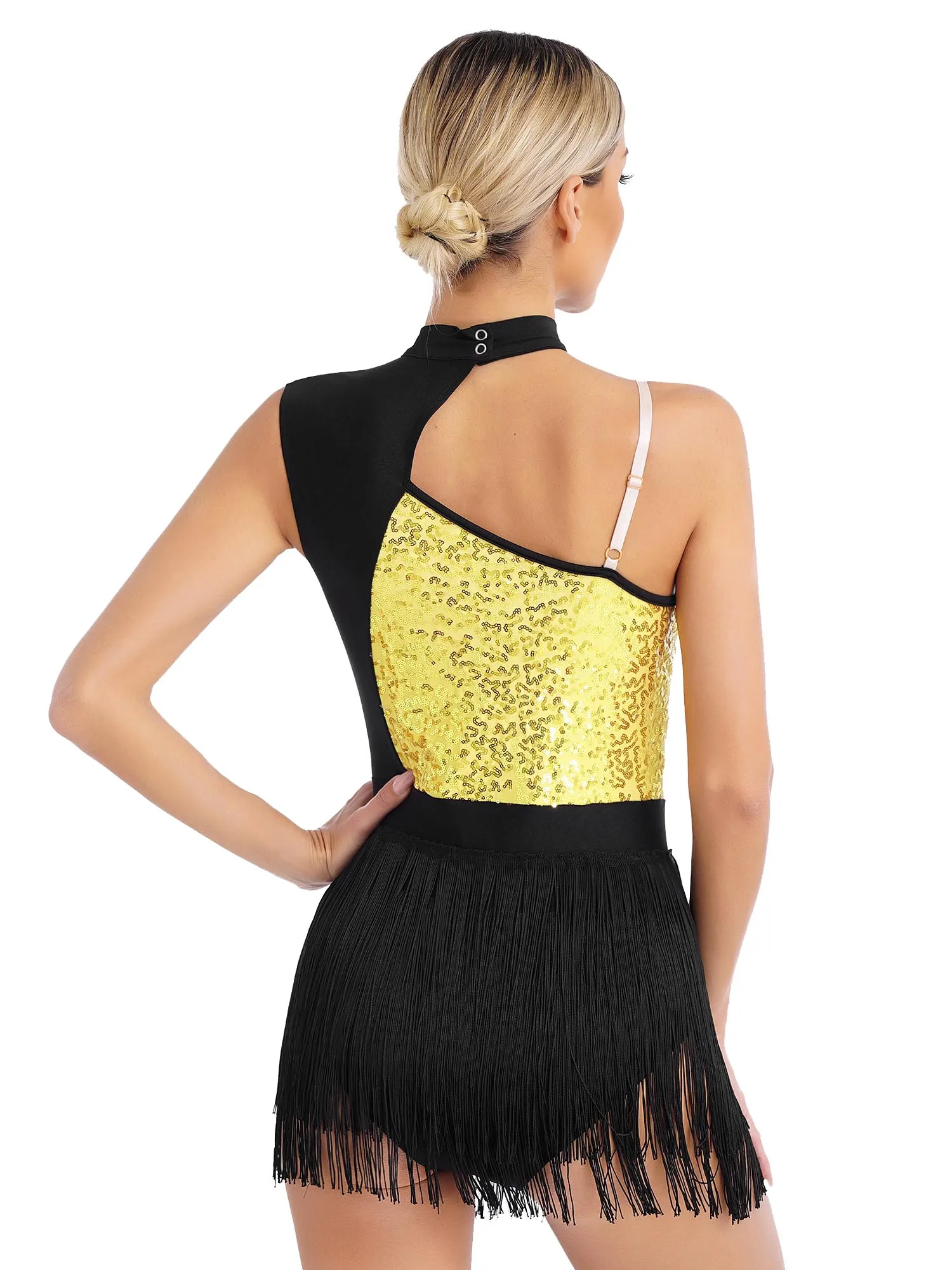 Dames Latin Dance Leotard Glanzende Pailletten Contrasteren Kleur Uitgesneden Mouwloze Bodysuit Met Franjes Voor Dansfeest-Toneelvoorstellingen