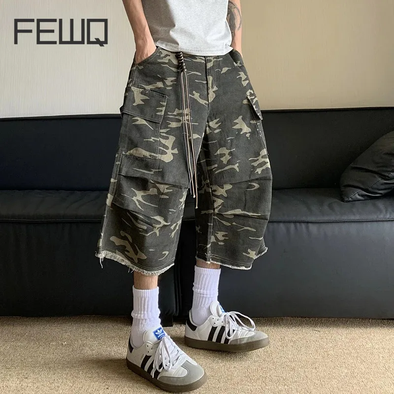 

FEWQ American Summer Camouflage Workwear Loose Casual Shorts Men Tassel Pants Trend 2024 Darkwear Contrast Color 24E1426