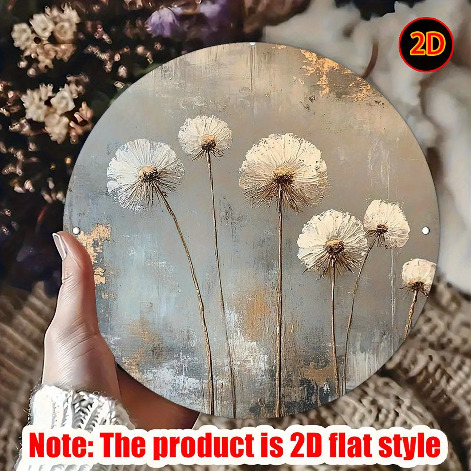 2D Flat Vintage Round Metal Wall Sign with Dandelion Artwork | Grey-White Background & Seed Dispersal, Aluminum, 20*20cm/7.87*7.