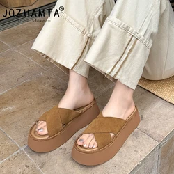 JOZHAMTA Size 33-40 Women Slides Sandals Suede Real Leather Platform High Heels Summer Shoes Casual Beach Slippers Daily Home