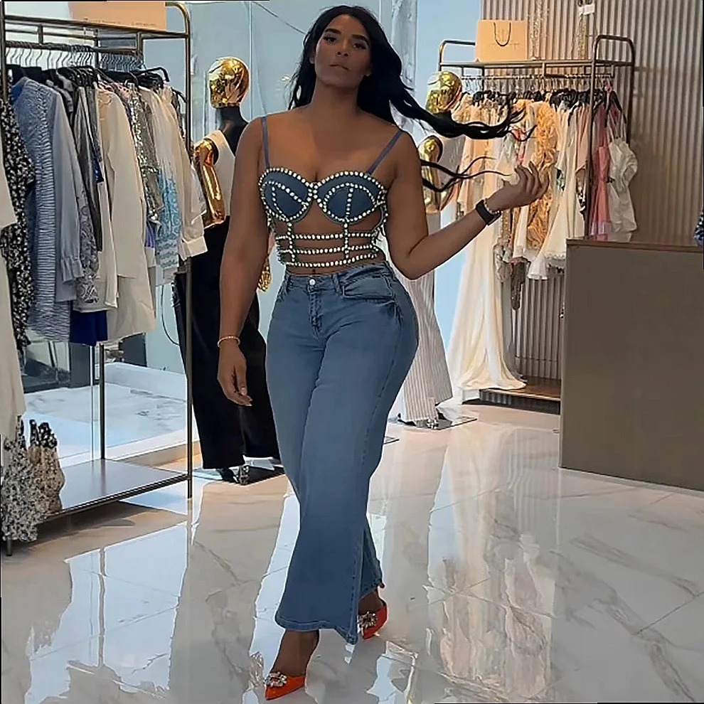Sexy Rhinestone Denim Vest Top Adjustable Women's Summer Tank Tops Blouse