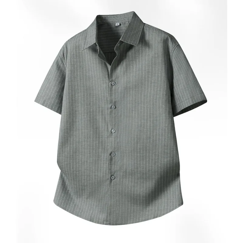 

Male Shirts Breathable Linen Stripe Short Sleeve Business Casual Summer Button Down Thin Trendy Shirt