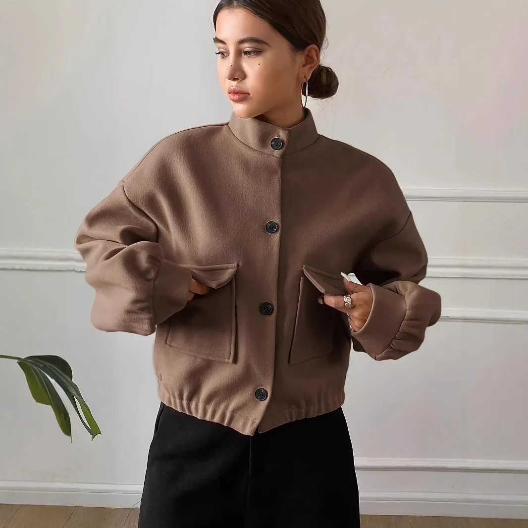 Spring Autumn Stand Collar Multi-Pocket Jacket Women's Loose Outerwear