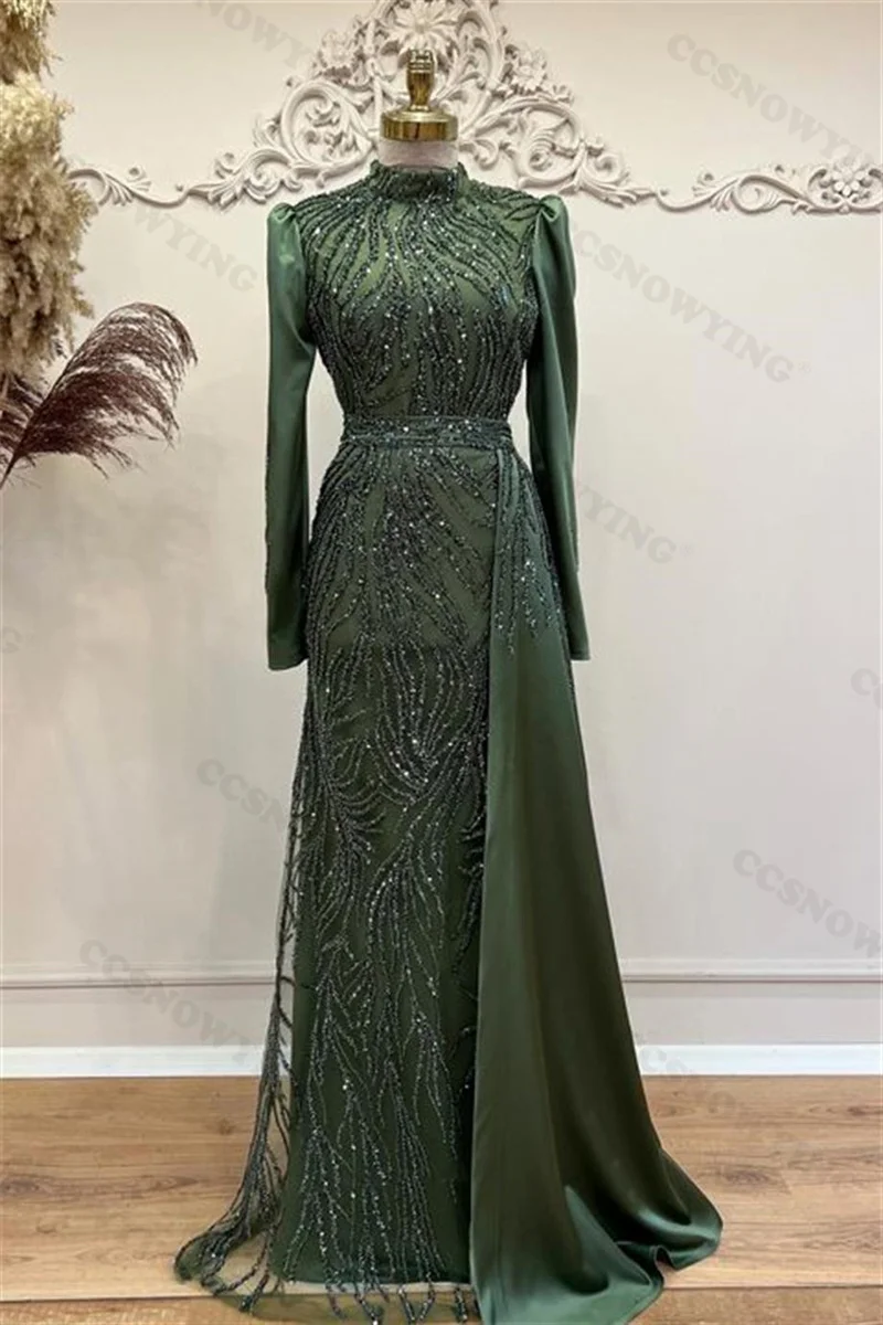 Luxury Long Sleeve Hijab Muslim Evening Dresses Satin Appliques Beaded Islamic Formal Party Gown Arabic Dubai Robes De Soirée