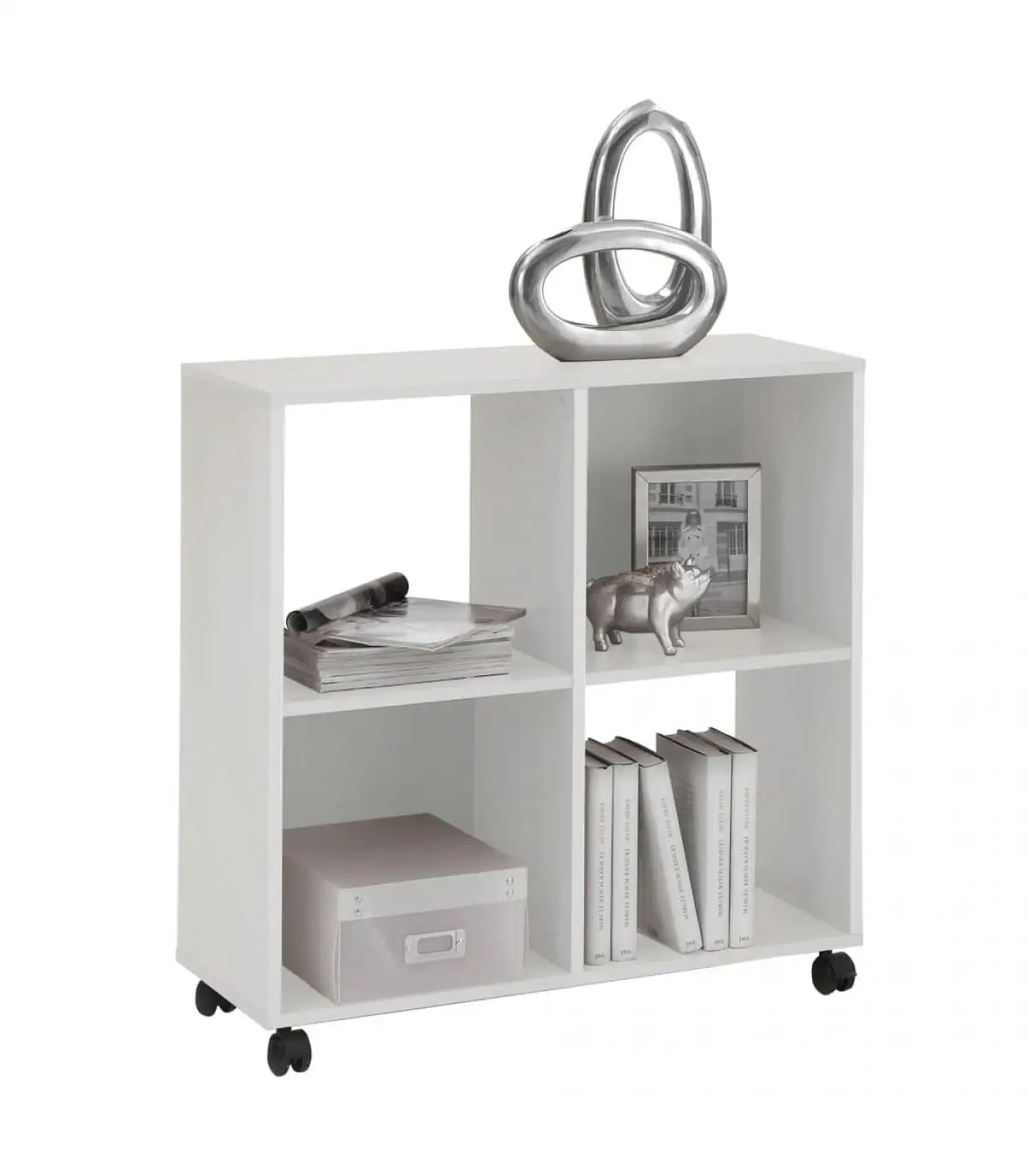 FMD bookcases and shelves shelf with rotating wheels and 4 compartments White