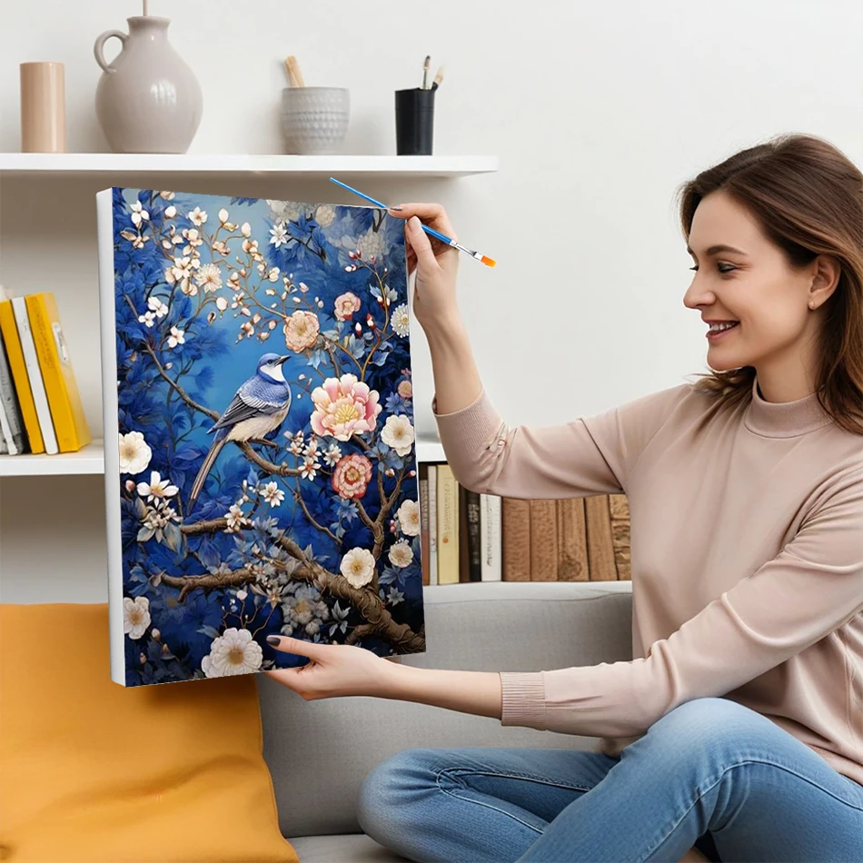 RUOPOTY DIY Paint By Numbers Kits Branch Blue Bird Beginner on Canvas Oil Picture Drawing Coloring Art Supplies By Number Kits