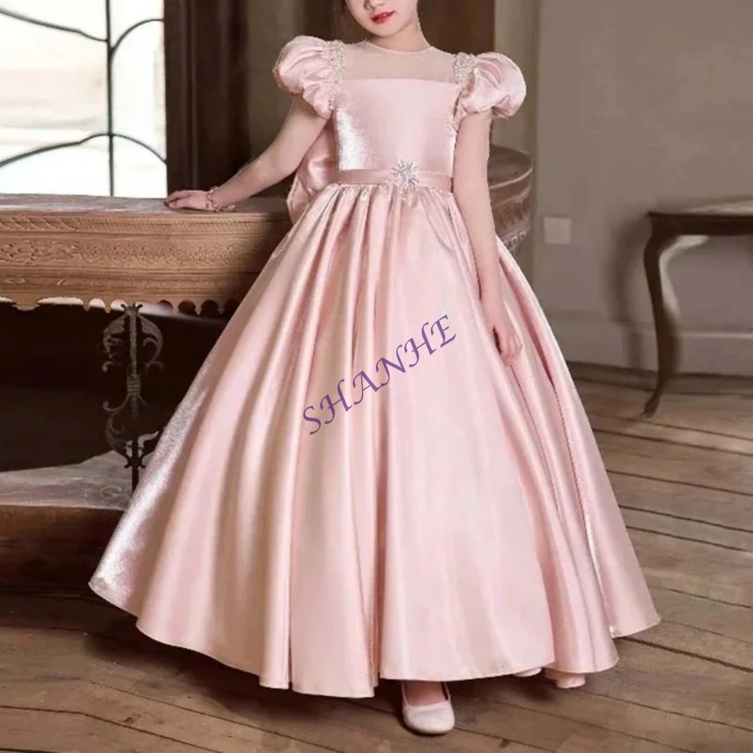 Abito da ragazza di fiore rosa personalizzato per matrimonio per bambini Abito da spettacolo principessa in raso con maniche di perle con fiocco Festa per bambini personalizzata B