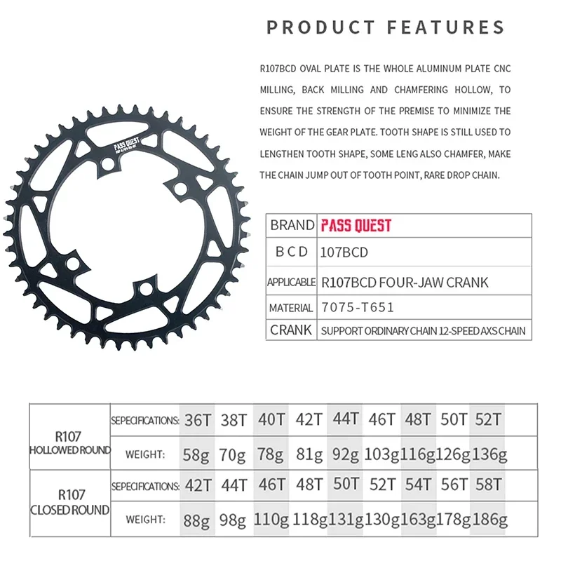 107 BCD Chainring Road Bike for Sram RIVAL Crank AXS 12 Speed Chain Crown 36T 38T 40T 42T 44T 46T 48T 50T 52T Bike Chain Wheel