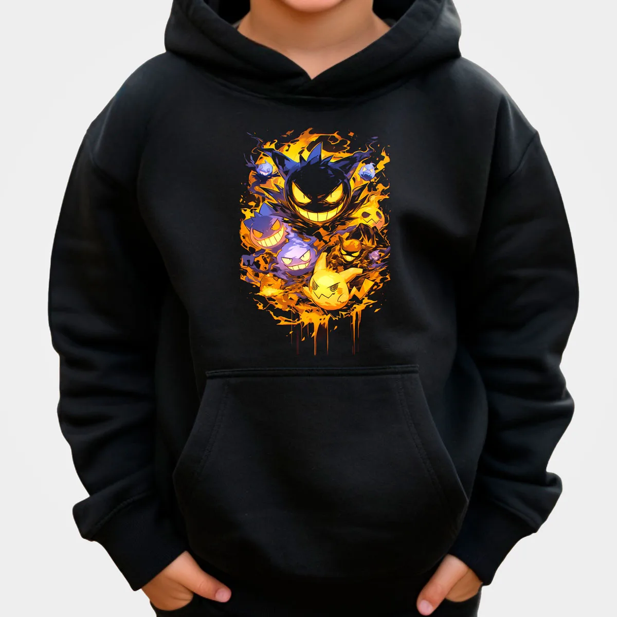 

Pokemon Anime Cotton Hoodie Black Color Gengar and Ghost Type Creatures with Orange Fiery Background Loose Fit Casual Style