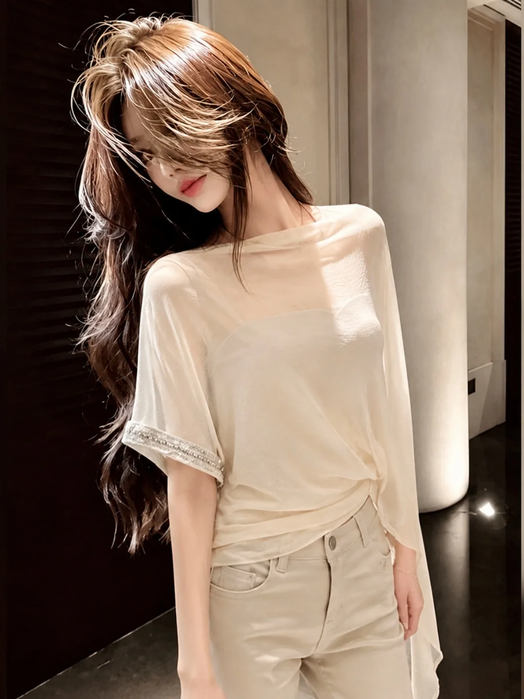 

Elegant Slimming Versatile Women's Top Korean Style Commute Straight Cut Short Sleeve Pure Color Summer Fashion Shirt