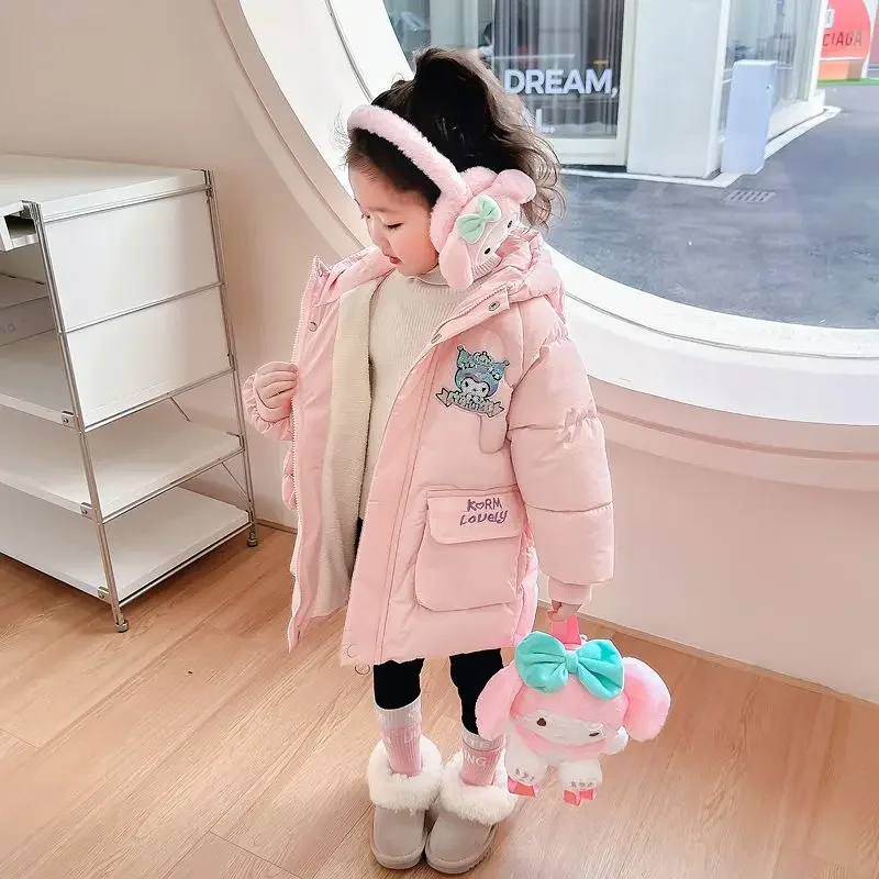 Kawaii Anime Sanrioed My Melody Kuromi Children Padded Jacket Girl Winter Fashion Plush Jacket Cute Padded Clothes Warm Thicken