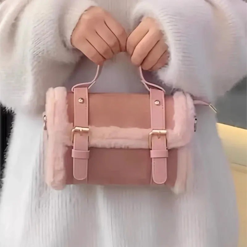 

Sweet Cute Pink Handbag Women Studded Fuzzy Trim Large Capacity Shoulder Bags Ladies Gentle Fashion Niche Design Crossbody Bag