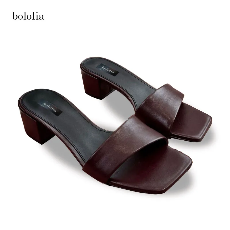 

High Quality Women's Genuine Leather Square Toe Slippers Simple Comfortable Stylish Party Sandals