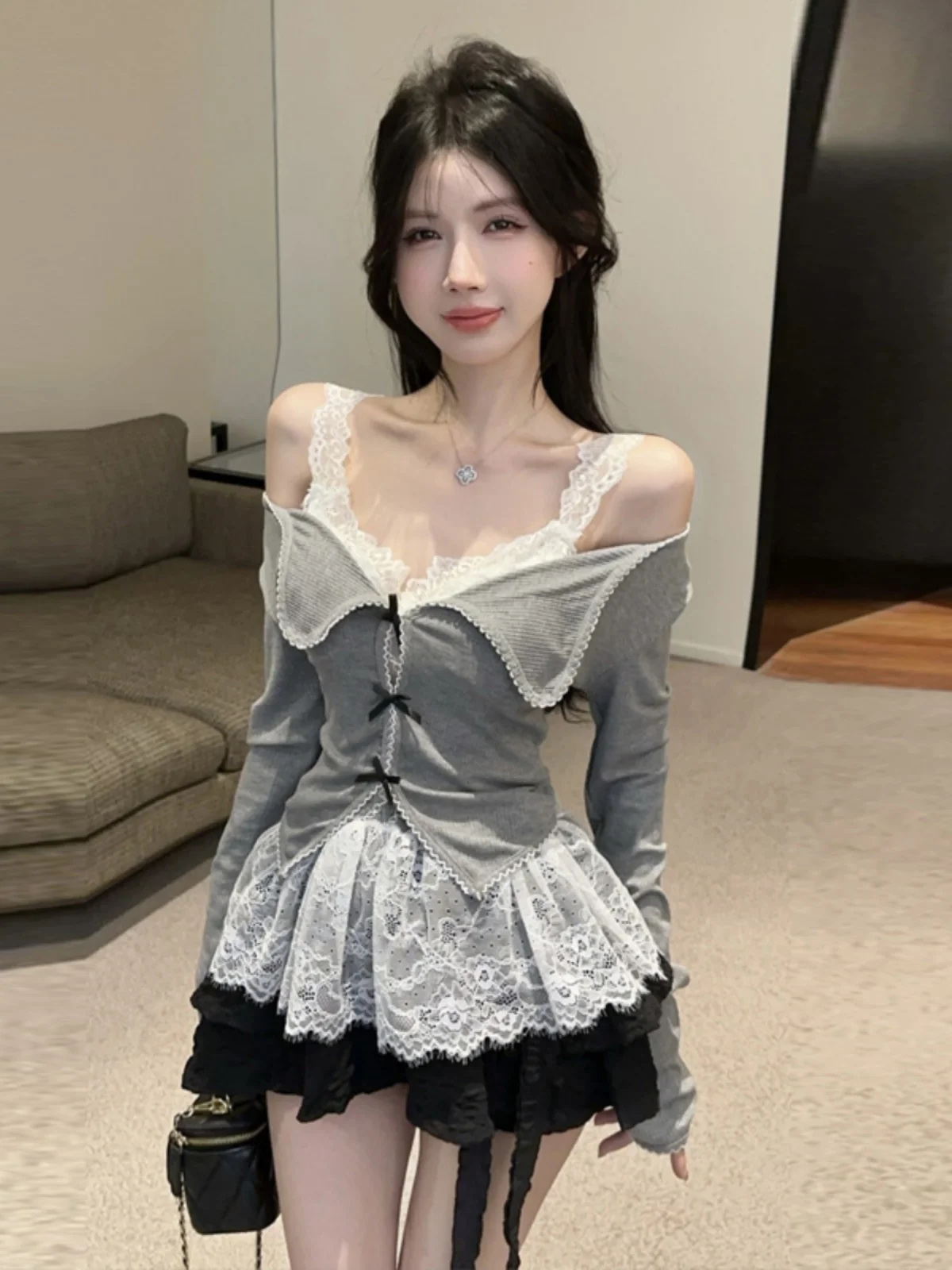 

Sweet Knot Hollow out Lace Crop Top And Vest Set by Gege Home Long Sve Faionable Sweet Sle Two Piece Set